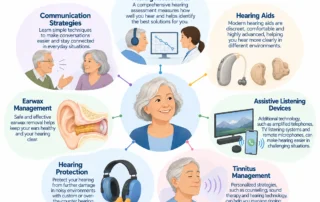 Infographic illustrating hearing assessments, hearing aids, earwax management, tinnitus treatment, hearing protection and assistive devices.