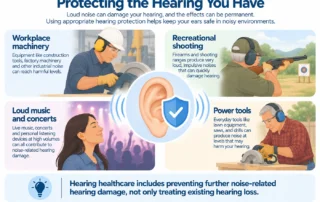 Infographic showing hearing protection for workplace machinery, shooting, loud music and power tools.