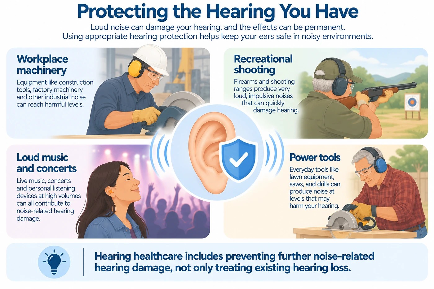 Infographic showing hearing protection for workplace machinery, shooting, loud music and power tools.