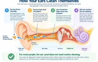 Diagram showing how earwax naturally moves out of the ear canal