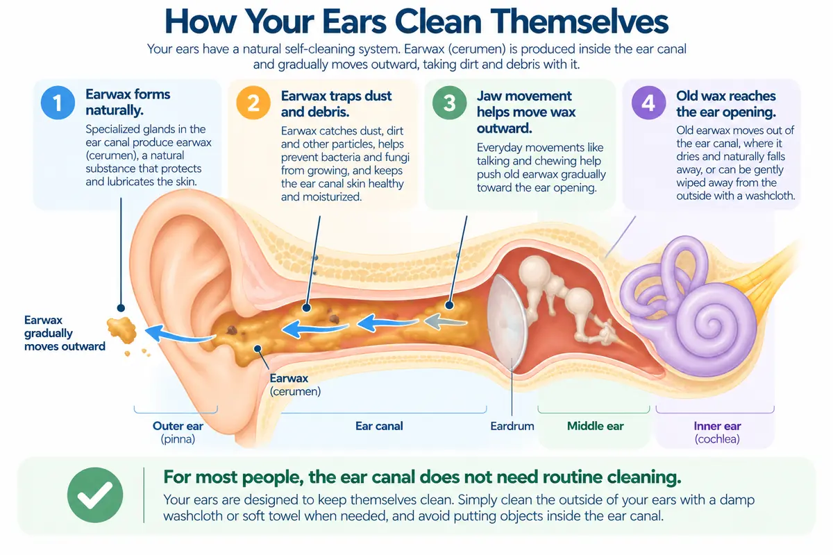 Diagram showing how earwax naturally moves out of the ear canal