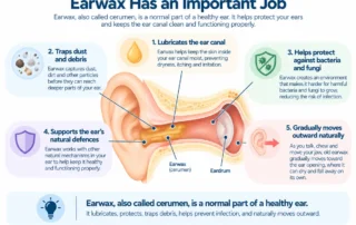 Diagram explaining how earwax protects and lubricates the ear