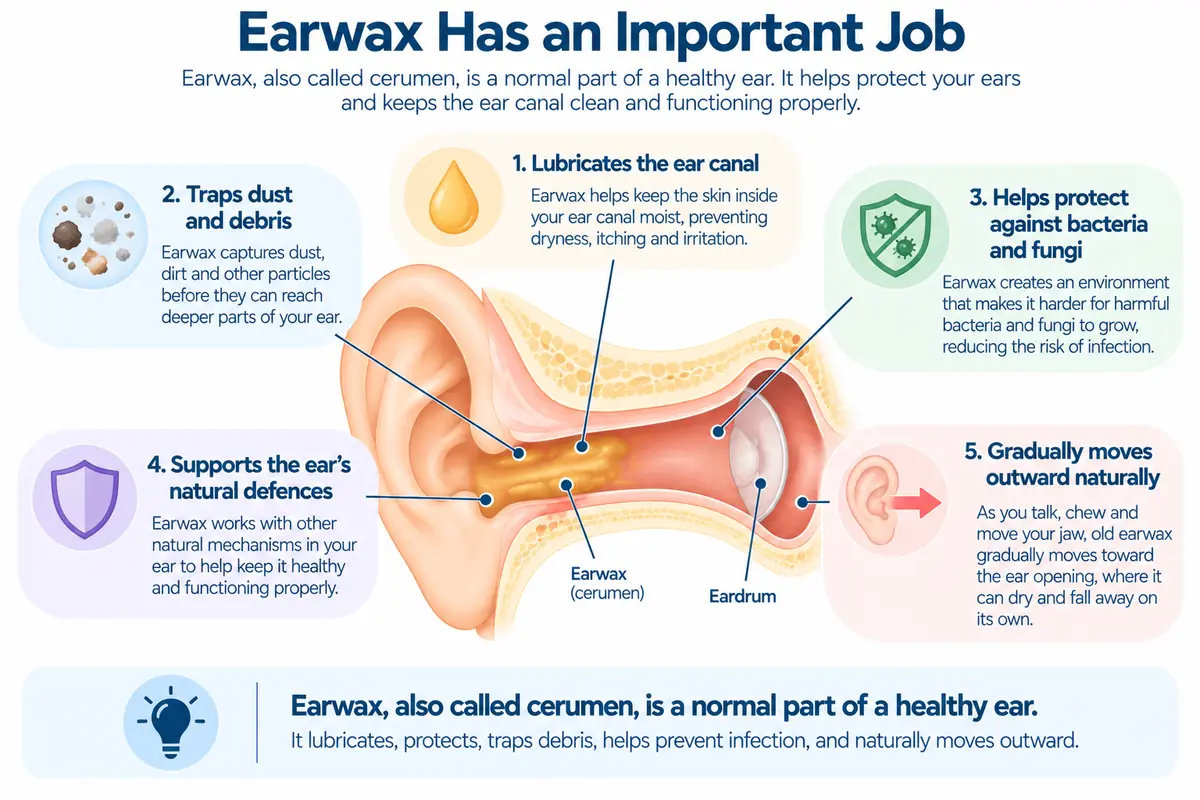 Diagram explaining how earwax protects and lubricates the ear
